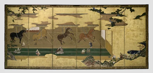 Horses in Stables (Umaya-zu byobu) by Unknown Artist, artwork, 1688-1704