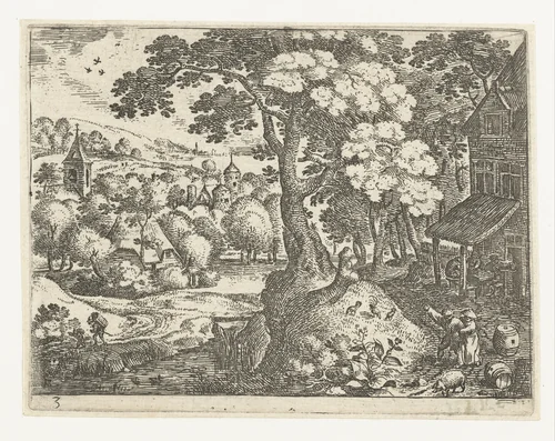 Landschap met reizigers nabij herberg by Jacob Savery, print, 1584-1603