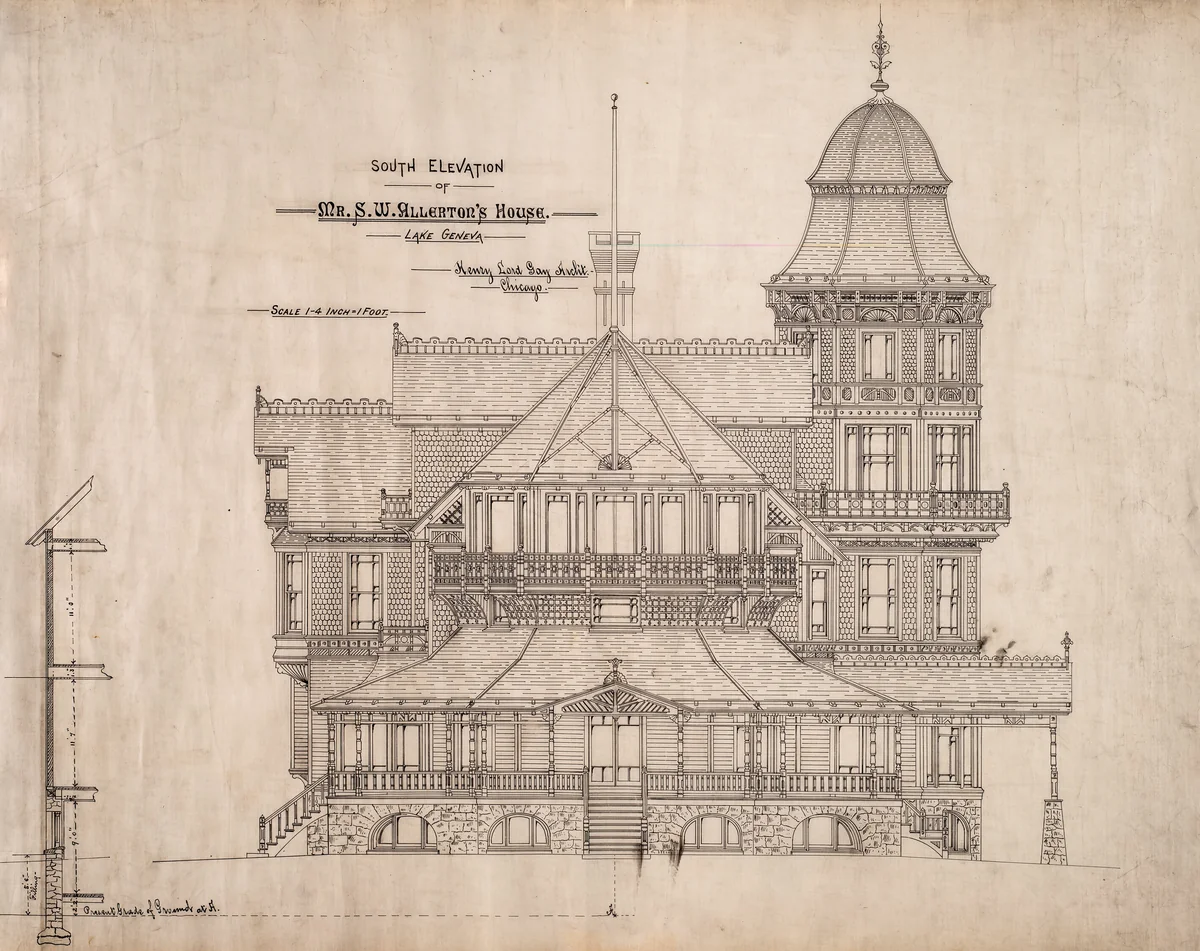 House for Mr. S.W. Allerton, Lake Geneva, Wisconsin: South Elevation by Henry Lord Gay, drawing, 1879-1889
