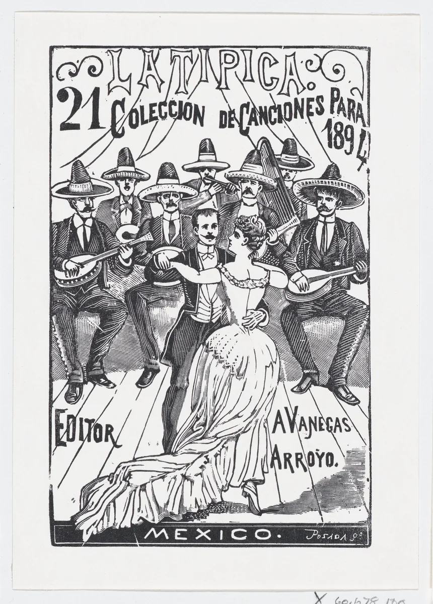 A couple dancing while a band plays music in the background, illustration for 'La Tipica,' published by Antonio Vanegas Arroyo by José Guadalupe Posada, print, 1894