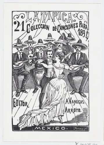 A couple dancing while a band plays music in the background, illustration for 'La Tipica,' published by Antonio Vanegas Arroyo by José Guadalupe Posada, print, 1894