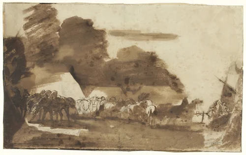 Bivak met paarden en soldaten by Théodore Géricault, drawing, 1812-1818