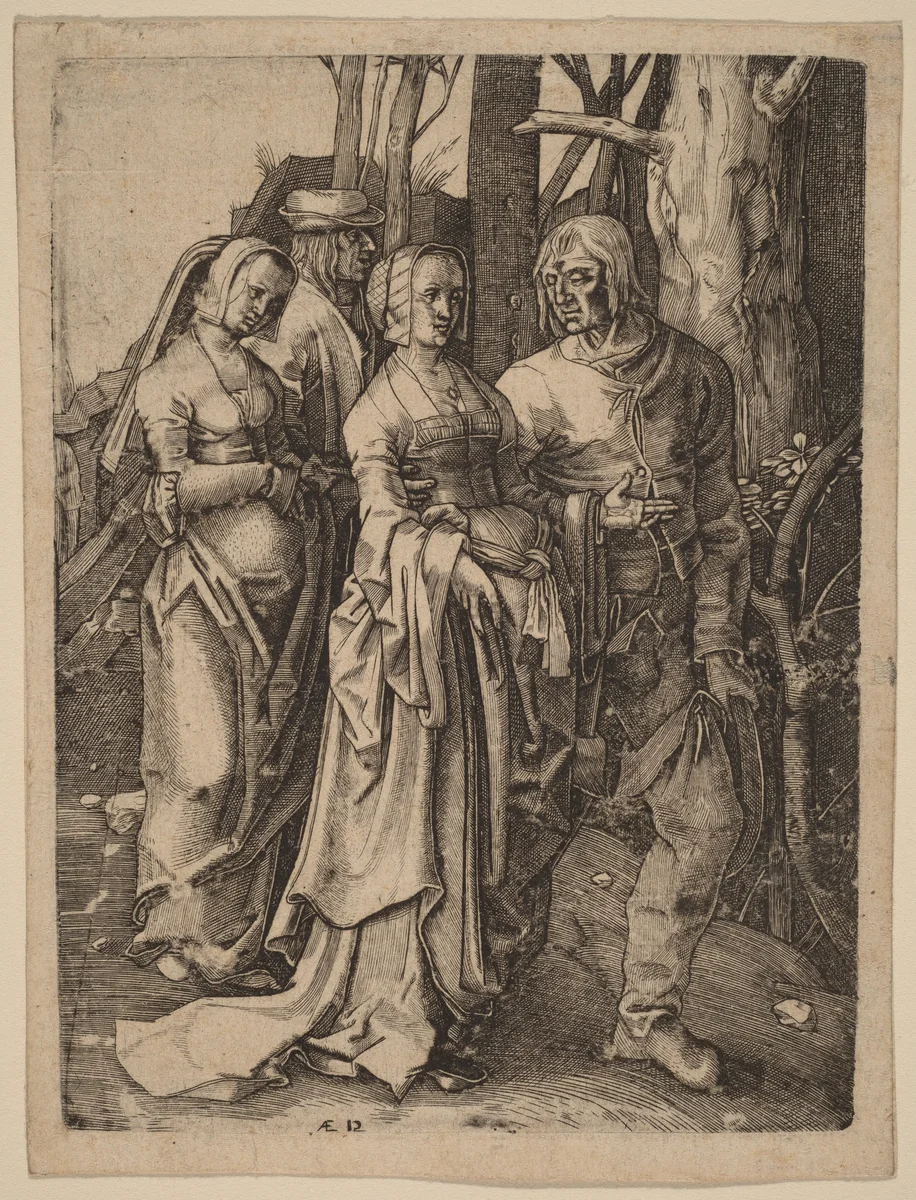The Two Couples in the Forest by Johan Wierix; Lucas van Leyden, print, 1553-1619
