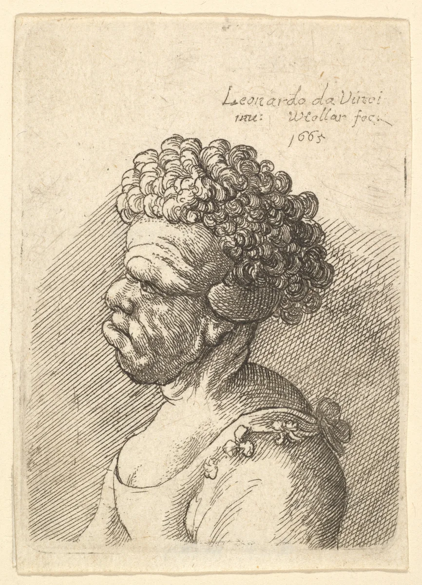 Bust of a deformed woman with curly hair in profile to the left by Wenceslaus Hollar, print, 1665