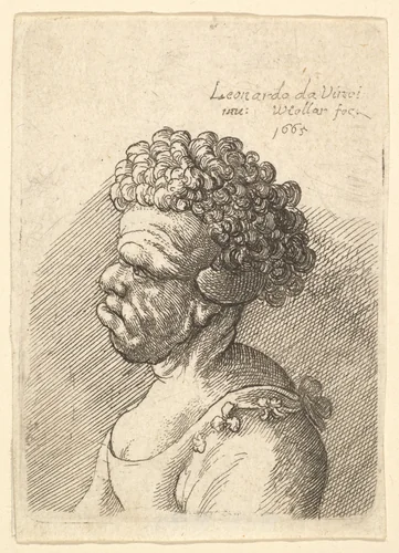 Bust of a deformed woman with curly hair in profile to the left by Wenceslaus Hollar, print, 1665