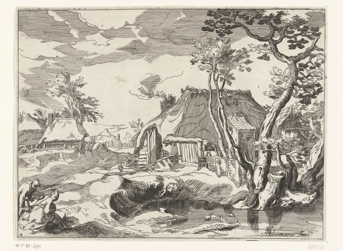 Landschap met boerderijen aan landweg by anonymous, print, 1612-1664