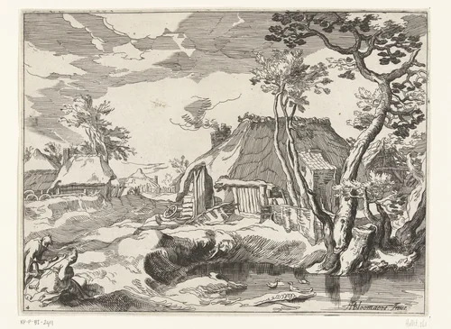 Landschap met boerderijen aan landweg by anonymous, print, 1612-1664