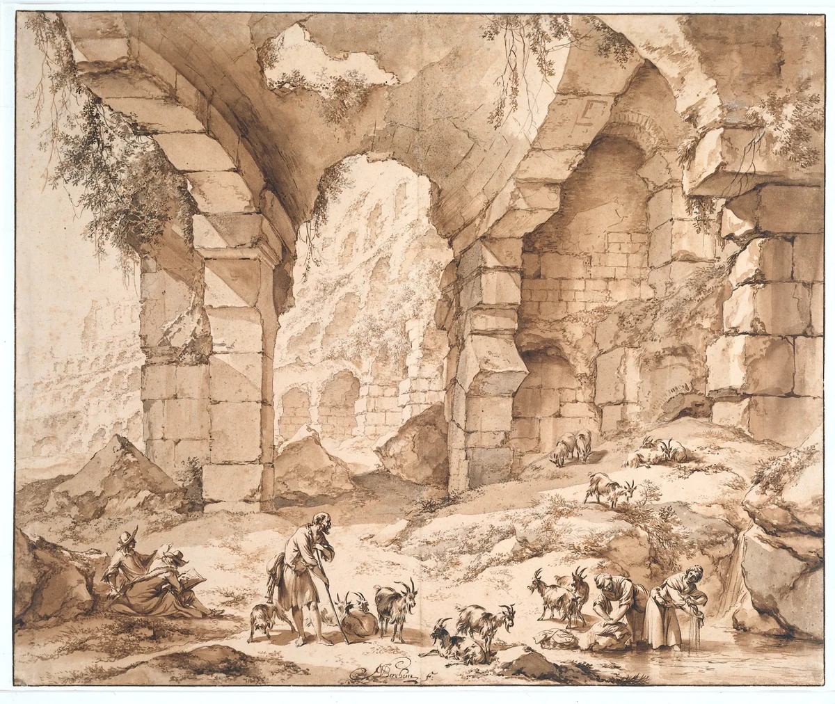 Gezicht op de ruïnes van het Colosseum by Nicolaes Pietersz Berchem, drawing, 1630-1683