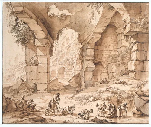Gezicht op de ruïnes van het Colosseum by Nicolaes Pietersz Berchem, drawing, 1630-1683