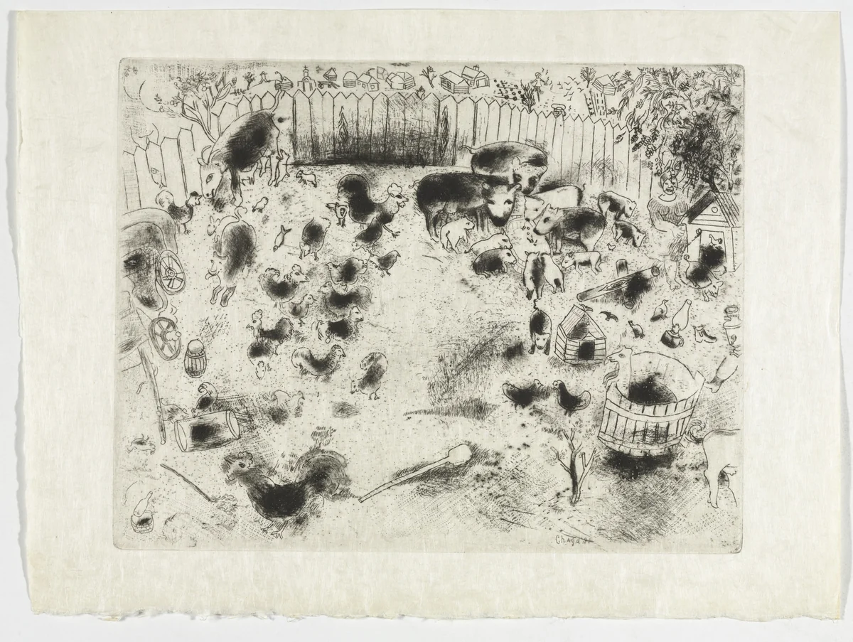 The Barnyard (La Basse-cour), plate XVII (supplementary suite) from Les Âmes mortes by Marc Chagall, illustrated book, 1923