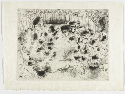 The Barnyard (La Basse-cour), plate XVII (supplementary suite) from Les Âmes mortes by Marc Chagall, illustrated book, 1923