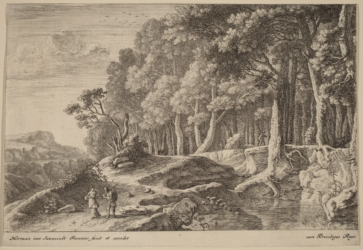 Woods Bordered by a Stream by Herman van Swanevelt, print, 1600-1655