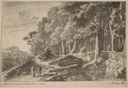 Woods Bordered by a Stream by Herman van Swanevelt, print, 1600-1655