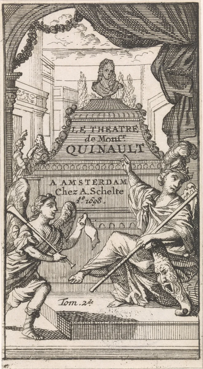 Faam en Minerva wijzen op het grafmonument van Philippe Quinault by Caspar Luyken, print, 1697