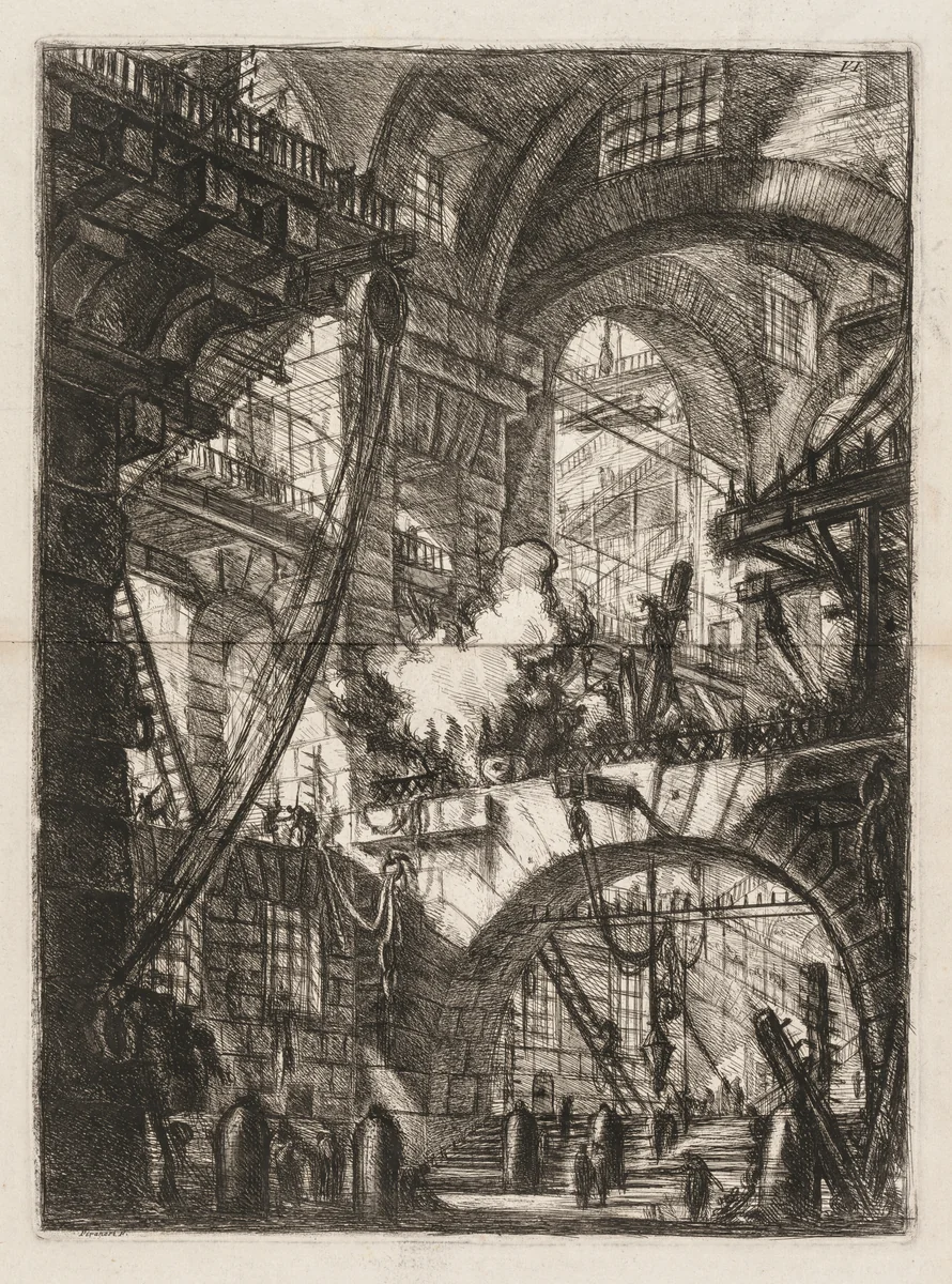 The Prisons: A Perspective of Arches with a Smoking Fire in the Center by Giovanni Battista Piranesi, print, 1749