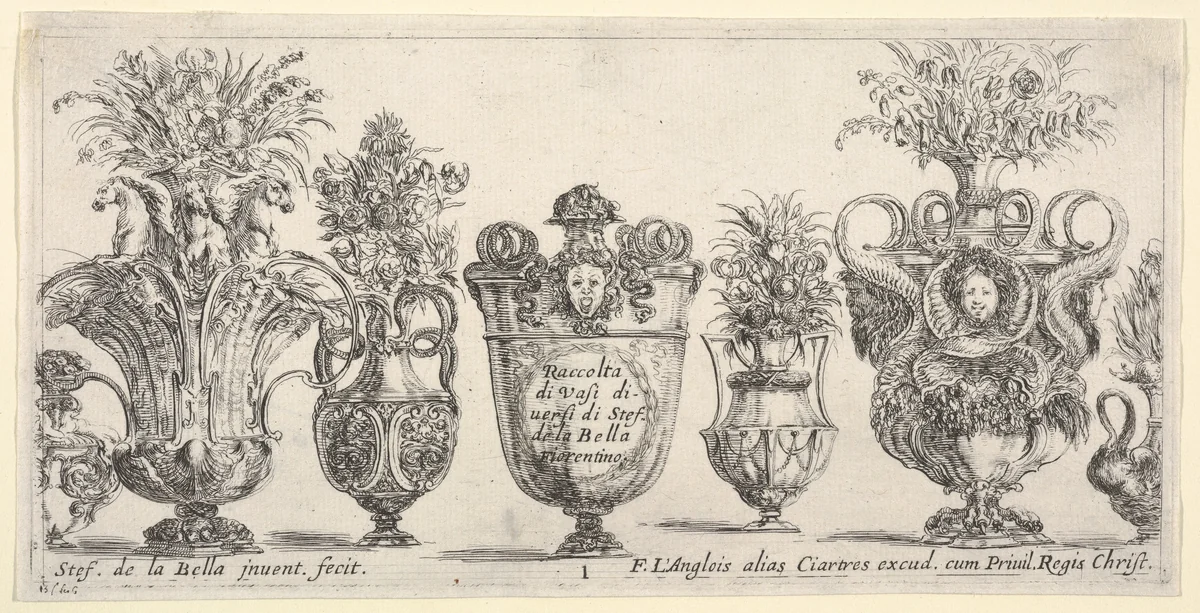 Seven vases, the vase in the middle decorated with the face of Medusa, Plate 1 from "Collection of Various Vases" (Raccolta di Vasi Diversi) by Stefano della Bella, print, 1650-1656