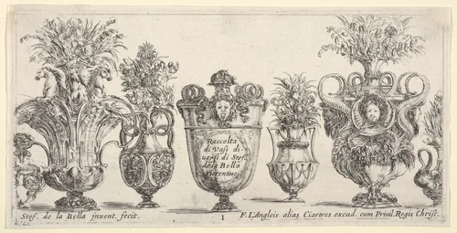 Seven vases, the vase in the middle decorated with the face of Medusa, Plate 1 from "Collection of Various Vases" (Raccolta di Vasi Diversi) by Stefano della Bella, print, 1650-1656