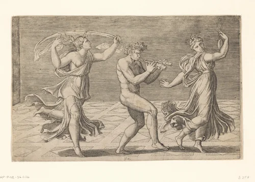 Dansende sater en maenaden by Marcantonio Raimondi, print, 1516