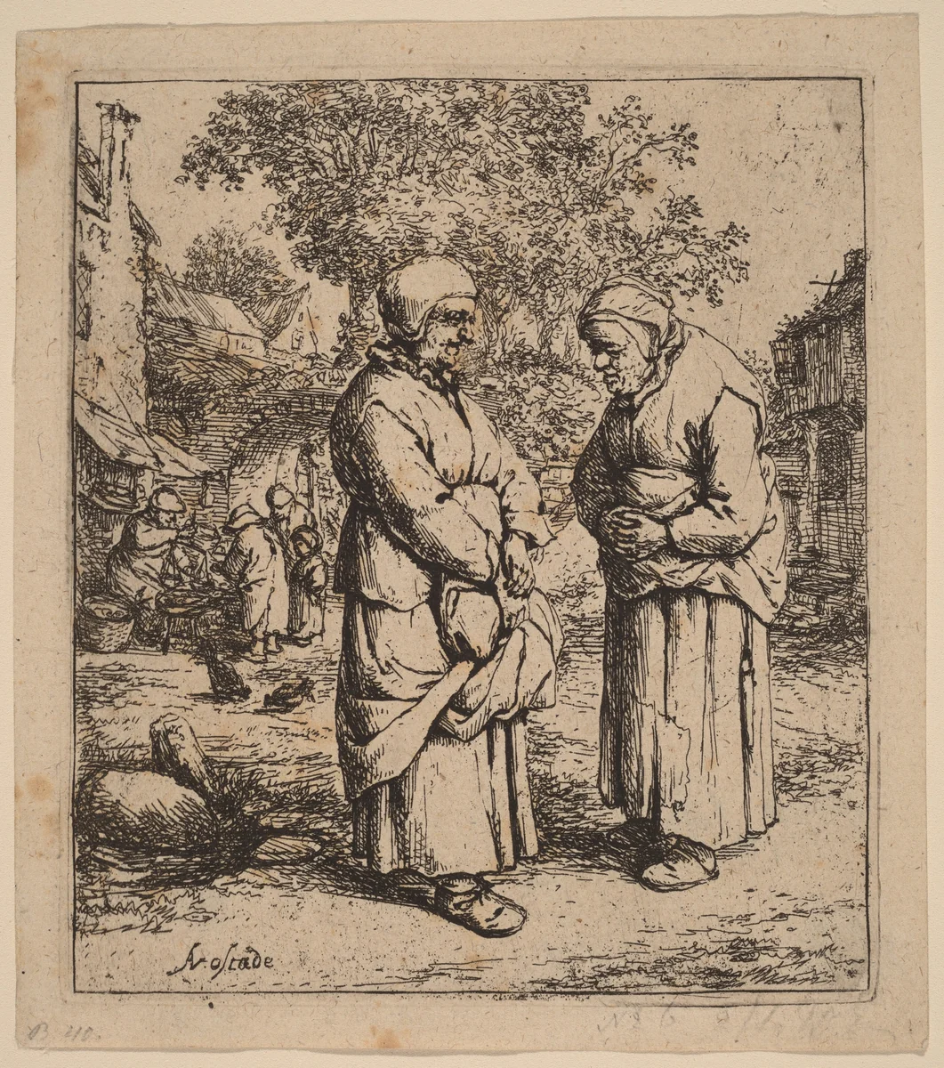 Two Peasant Women Conversing on a Village Street by Adriaen van Ostade, print, 1647-1657
