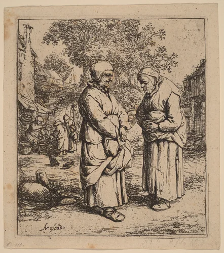 Two Peasant Women Conversing on a Village Street by Adriaen van Ostade, print, 1647-1657
