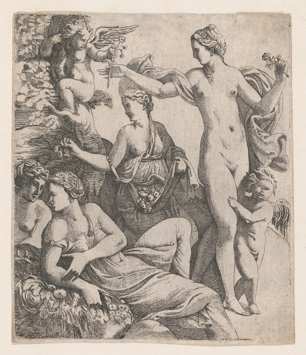 Venus, standing with the three Graces, is offered a flower from a putto by Pierre Biard II, print, 1607-1661