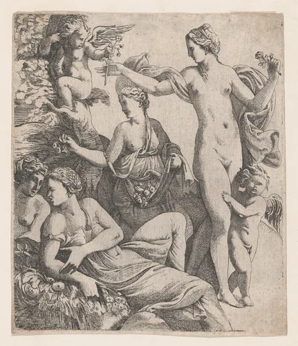 Venus, standing with the three Graces, is offered a flower from a putto by Pierre Biard II, print, 1607-1661