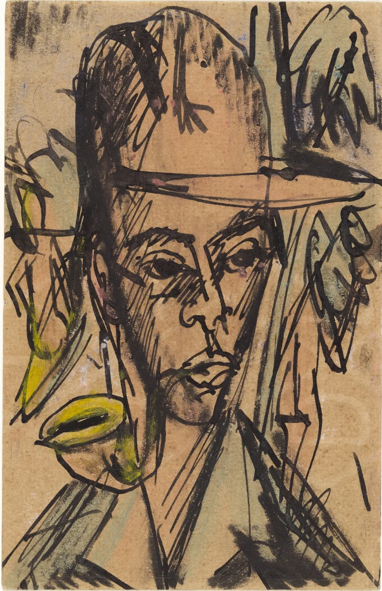 Self-Portrait with Pipe (Selbstbildnis mit Pfeife) by Ernst Ludwig Kirchner, drawing, 1914