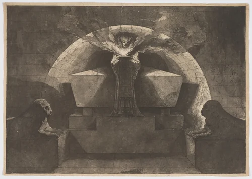 Tomb with Death Standing by Louis Jean Desprez, print, 1779-1784