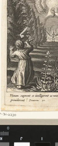 Kind met verrekijker in tuin ziet Laatste Oordeel by Boëtius Adamsz. Bolswert, print, 1590-1624