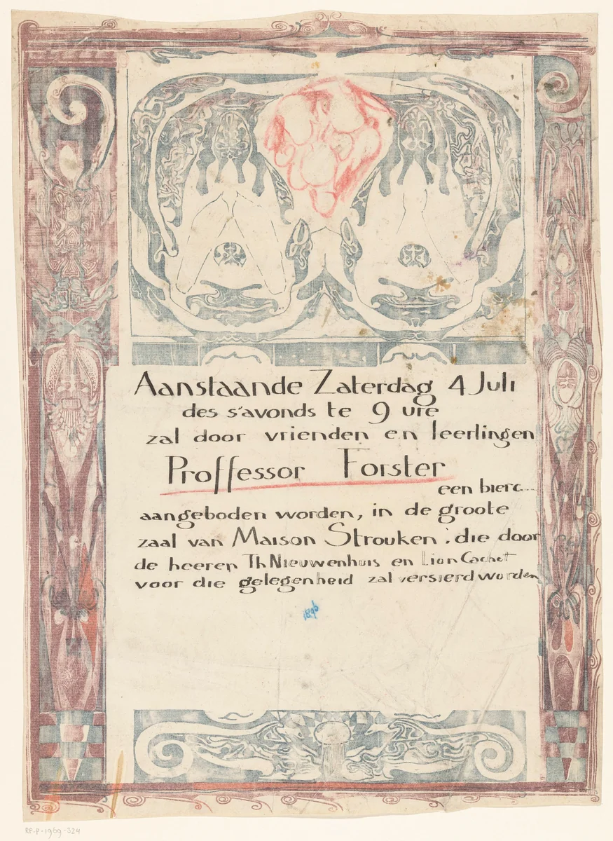 Aankondiging van een bijeenkomst ter ere van Prof. J. Förster in Maison Stroucken by Carel Adolph Lion Cachet, print, 1896
