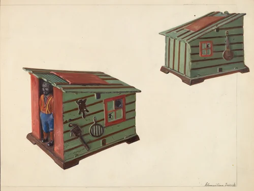 Bank: Toy Building with Figure by Clementine Fossek, index of american design, 1935-1942