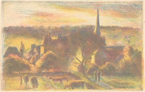 Eglise et ferme d'Éragny (A Church and Farm at Éragny) by Camille Pissarro, print, 1890