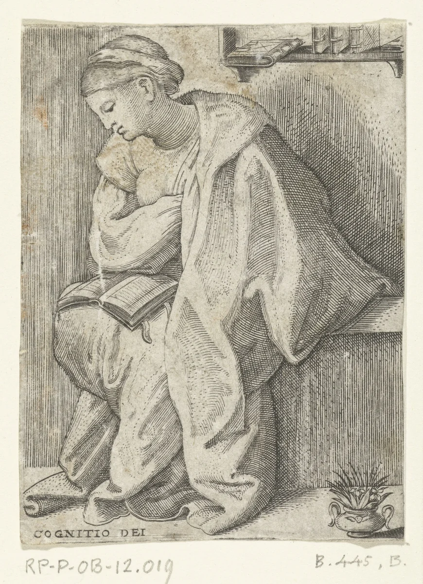 Zittende vrouw in overpeinzing met boek by anonymous, print, 1510-1575