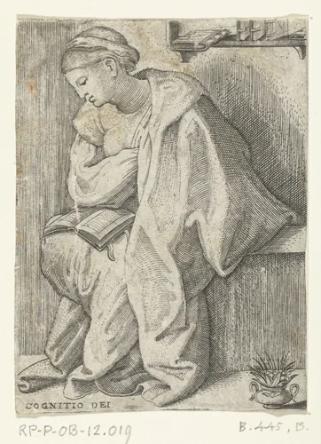 Zittende vrouw in overpeinzing met boek by anonymous, print, 1510-1575