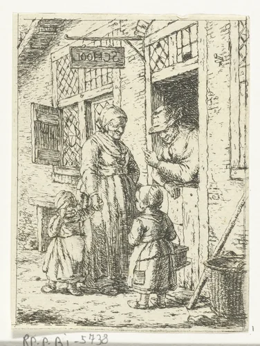 Moeder brengt haar kinderen naar school by Christina Chalon, print, 1758-1808