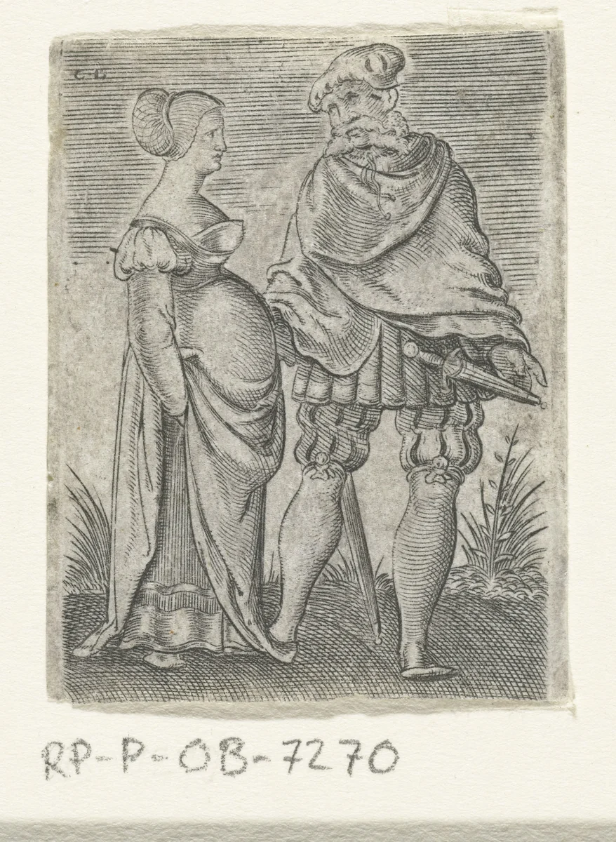 Dansend stel, de man heeft een baard en een dolk by Unknown, print, 1546-1548