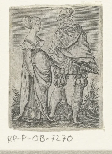 Dansend stel, de man heeft een baard en een dolk by Unknown, print, 1546-1548