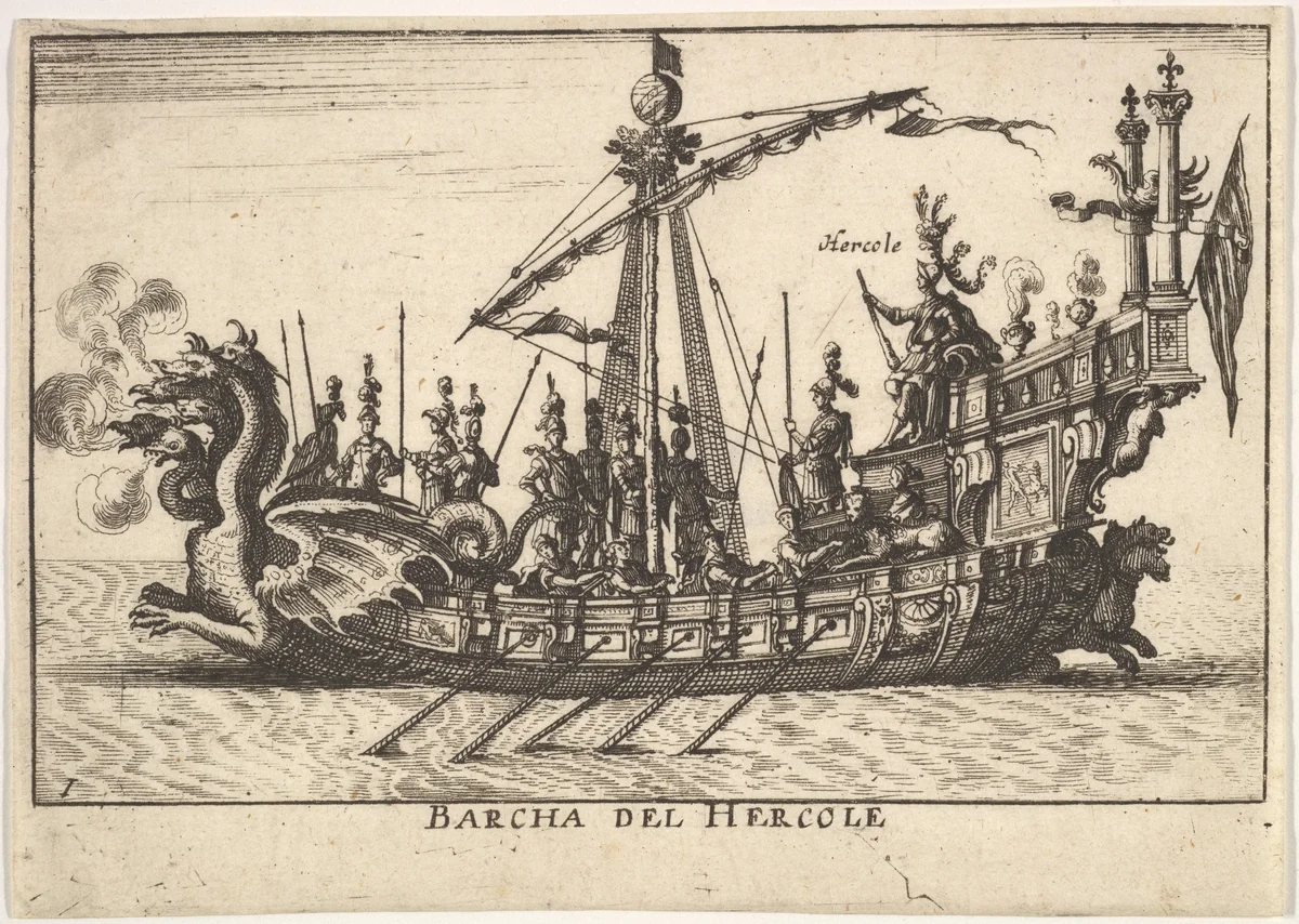 Plate 1: Ship of Hercules (Barcha del Hercole), with dragon-headed prow and Hercules on platform behind oarsmen and standing soldiers, from "The magnificent pageant on the river Arno in Florence for the marriage of the Grand Duke" (Le Magnifique carousel fait sur le fleuve de l'Arne a Florence, pour le mariage du Grand Duc) by anonymous, print, 1664