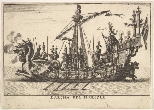 Plate 1: Ship of Hercules (Barcha del Hercole), with dragon-headed prow and Hercules on platform behind oarsmen and standing soldiers, from "The magnificent pageant on the river Arno in Florence for the marriage of the Grand Duke" (Le Magnifique carousel fait sur le fleuve de l'Arne a Florence, pour le mariage du Grand Duc) by anonymous, print, 1664