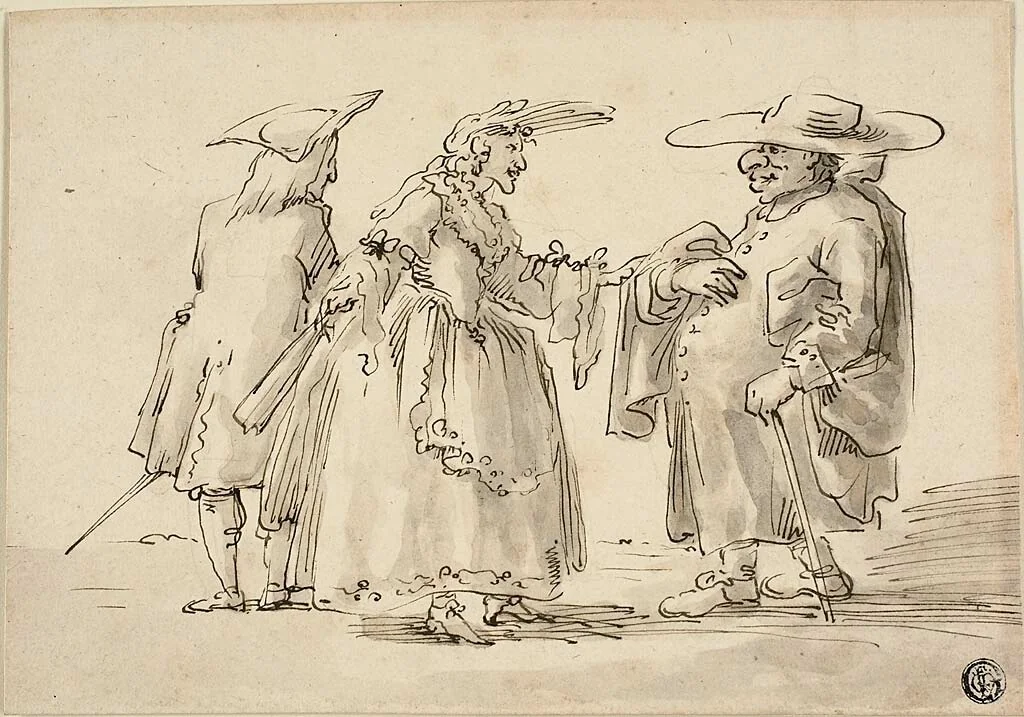Caricatures of Two Men and a Woman by Marco Ricci or Bernardo Bellotto or Pier Leone Ghezzi, drawing, 1698-1716