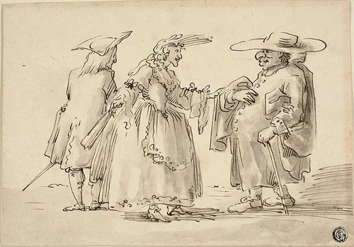 Caricatures of Two Men and a Woman by Marco Ricci or Bernardo Bellotto or Pier Leone Ghezzi, drawing, 1698-1716
