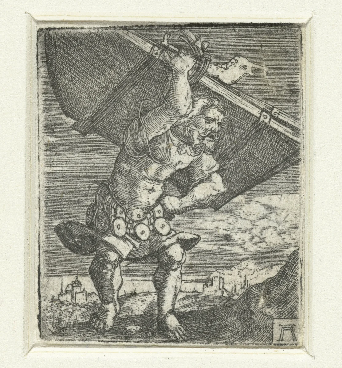 Simson draagt de deuren van de poort van Gaza by Unknown, print, 1506-1538