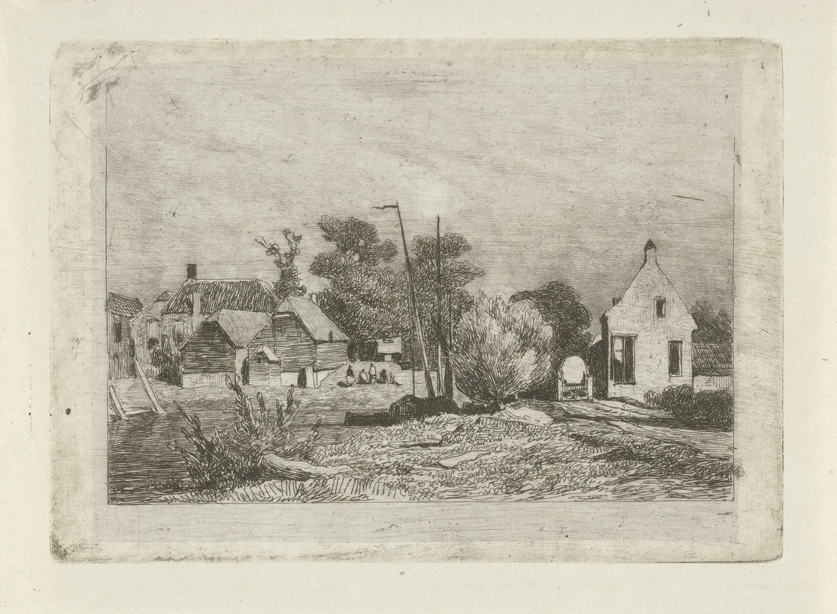 Gezicht op huizen en een boot by Lambertus Hardenberg, print, 1837-1900