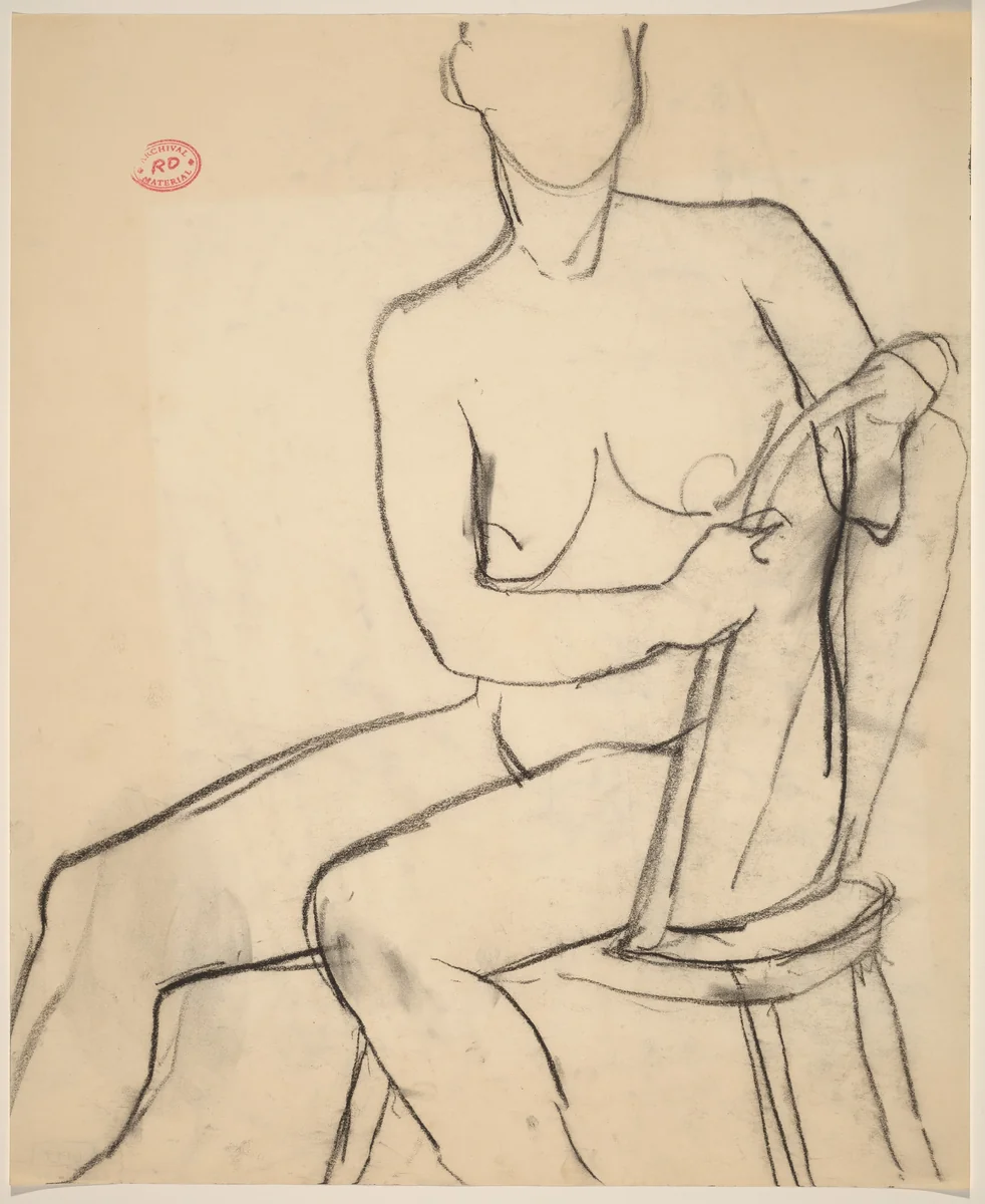 Untitled [seated female nude with hands clasping chair back] by Richard Diebenkorn, drawing, 1955-1967