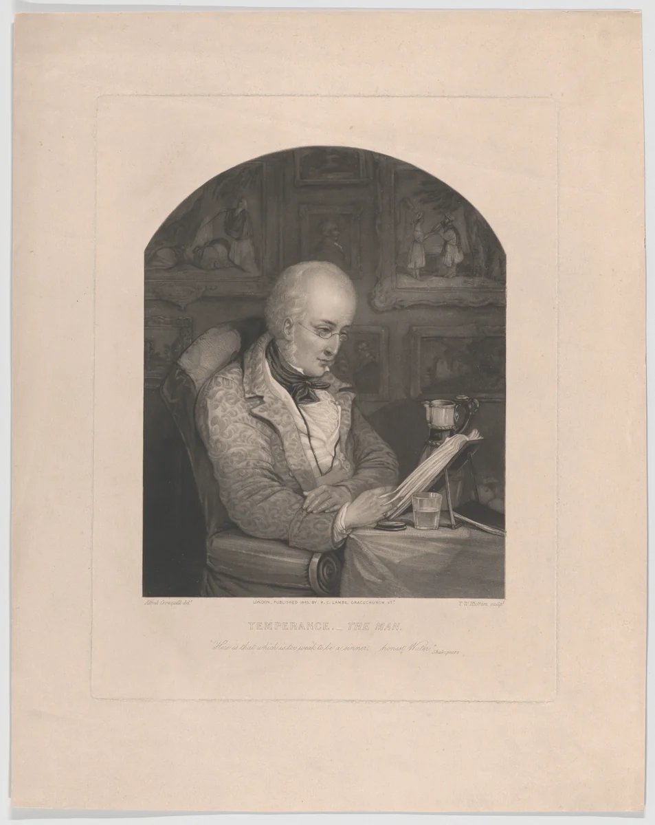 Temperance.–The Man: "Here is that which is too weak to be a sinner–honest Water"–Shakespeare by T. W. Huffam, print, 1843