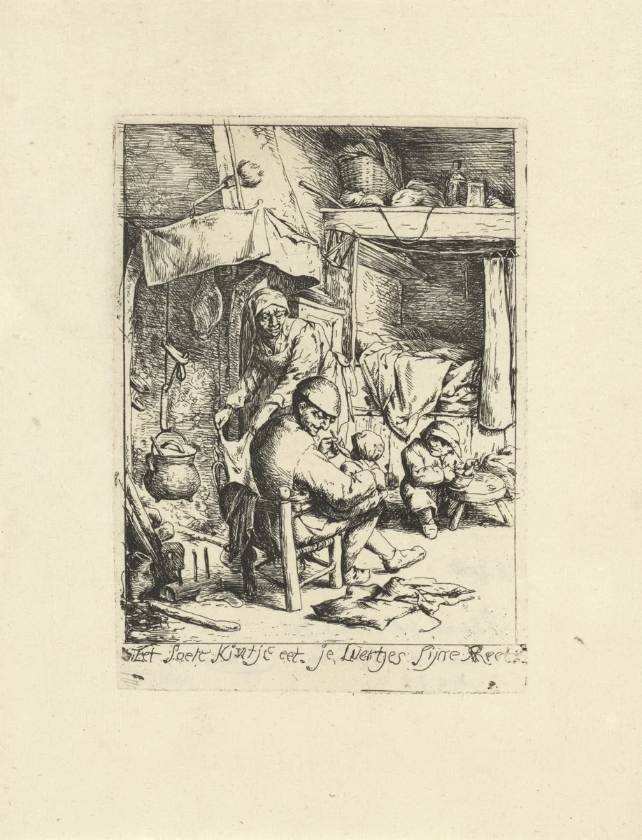 Vader voedt een kind by Jacob Laurensz. van der Vinne, print, 1699