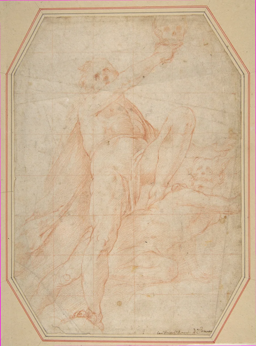 Two Nudes Seen from Below (recto); Male Figure with Upraised Arm (verso) by Cristoforo Roncalli, drawing, 1580-1582