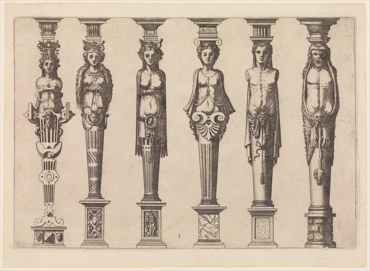 Six terms, four female and two male, with Hercules at far right, plate 1, from Caryatidum [...] sive Athlantidum multiformium ad quemlibet Architecture ordinem Accommodatarum centuria prima [...] by Hans Vredeman de Vries, print, 1527-1591