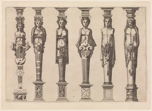 Six terms, four female and two male, with Hercules at far right, plate 1, from Caryatidum [...] sive Athlantidum multiformium ad quemlibet Architecture ordinem Accommodatarum centuria prima [...] by Hans Vredeman de Vries, print, 1527-1591