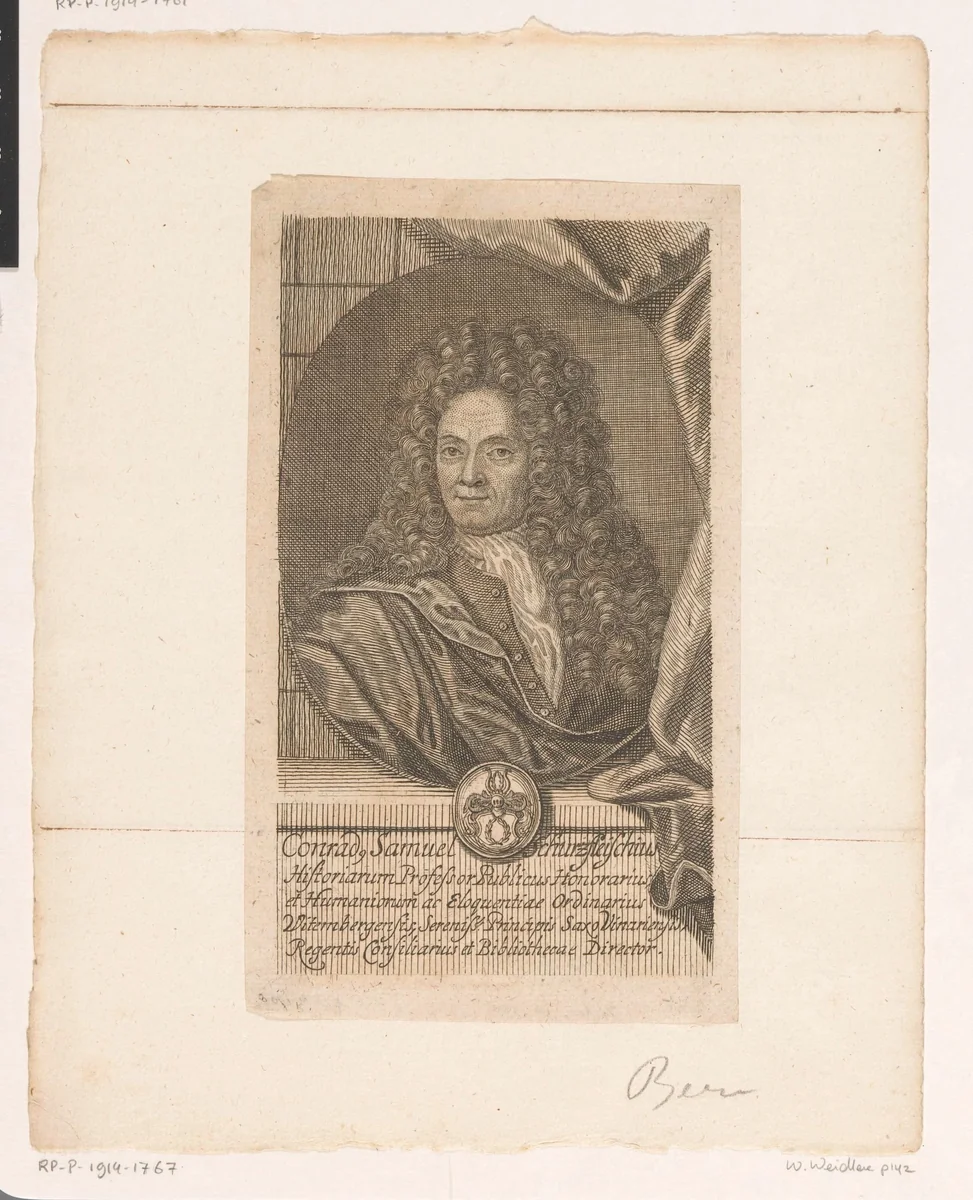 Portret van Conrad Samuel Schurzfleisch by Johann Georg Mentzel, print, 1711